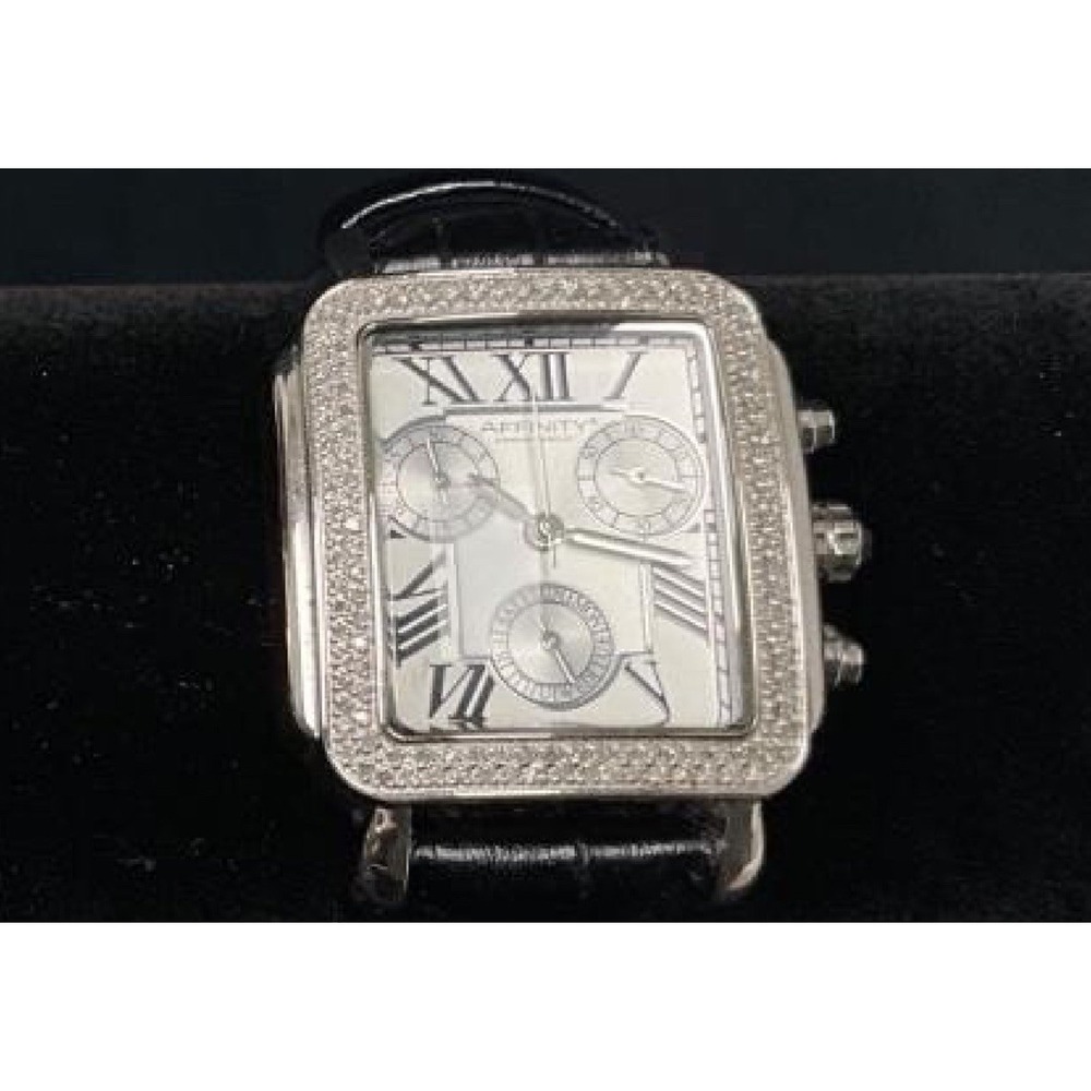 Affinity Silver Tone Square Chrono Style Watch Crystal Bezel Black Leather Strap